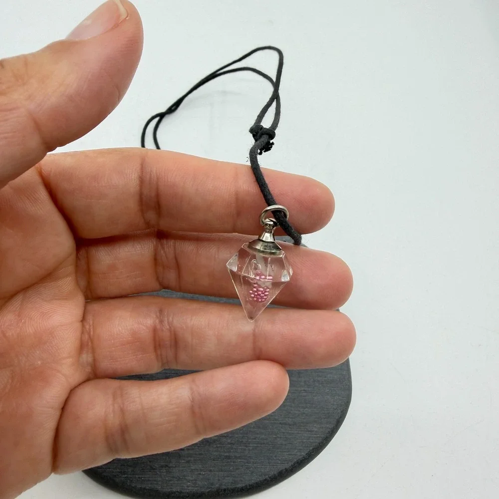 Clear Faceted Bottle Pendant Necklace Pink Beads Black Cord Y2K Statement Gift